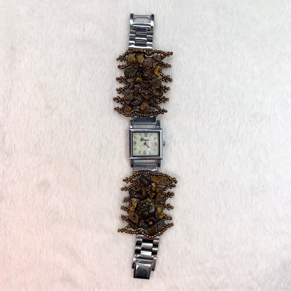 Geneva Ladies Stainless Steel Quartz Watch Brown Beaded Band - Picture 6 of 6